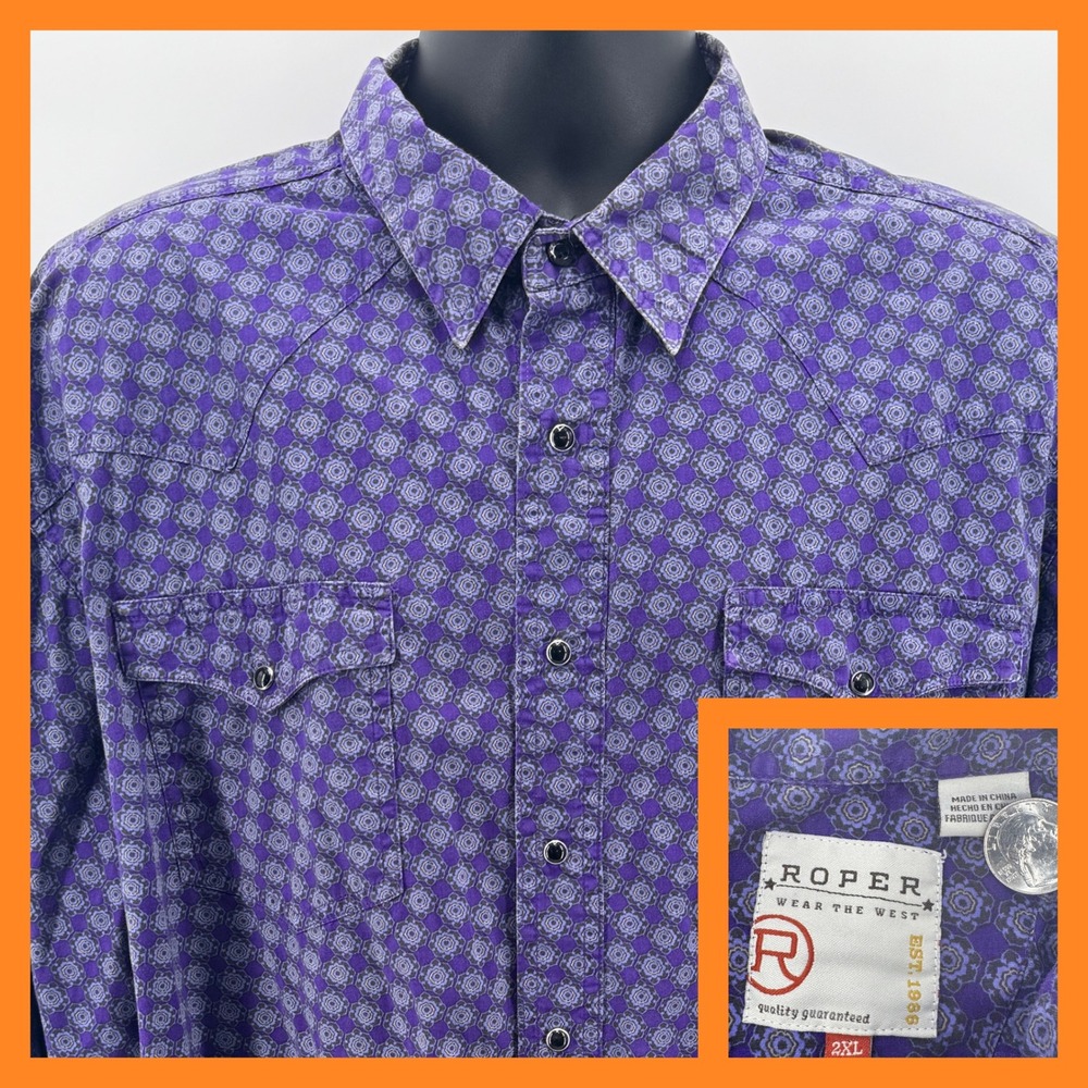 Roper Western Snap Shirt Mens 2XL Purple Geometric Medallion Pearl Snap LS